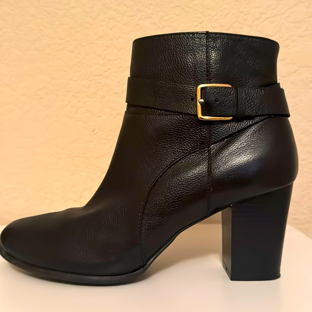 Cole Haan Black Leather Ankle Booties with Gold Buckle